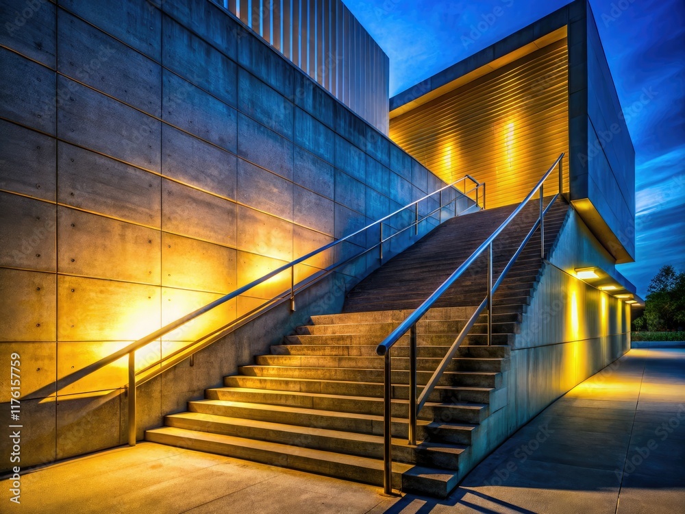 Obraz premium Dramatic Night Concrete Architecture: Modern Building Staircase Shadow Photography