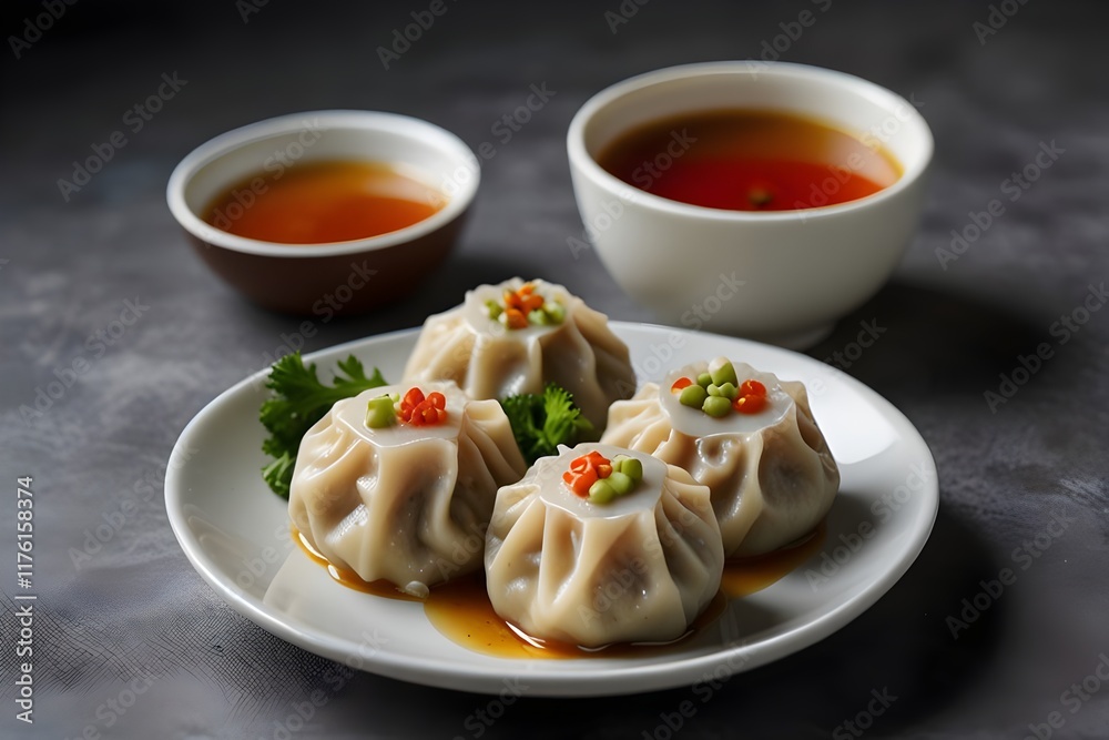 Plate of Steamed Momo Dumplings on Clean Background Plate of Steamed Momo Dumplings on Clean Background