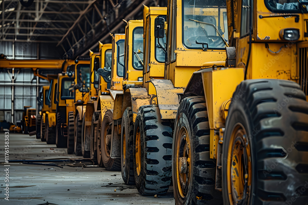 Obraz premium Row of Yellow Industrial Loaders in a Warehouse