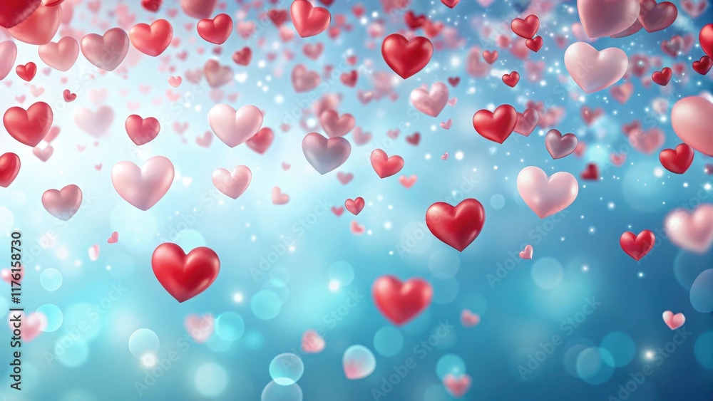 Red hearts falling gently on a transparent blue background with soft pink and white hues of love and affection Red hearts falling gently on a transparent blue background with soft pink and white hues of love and affection