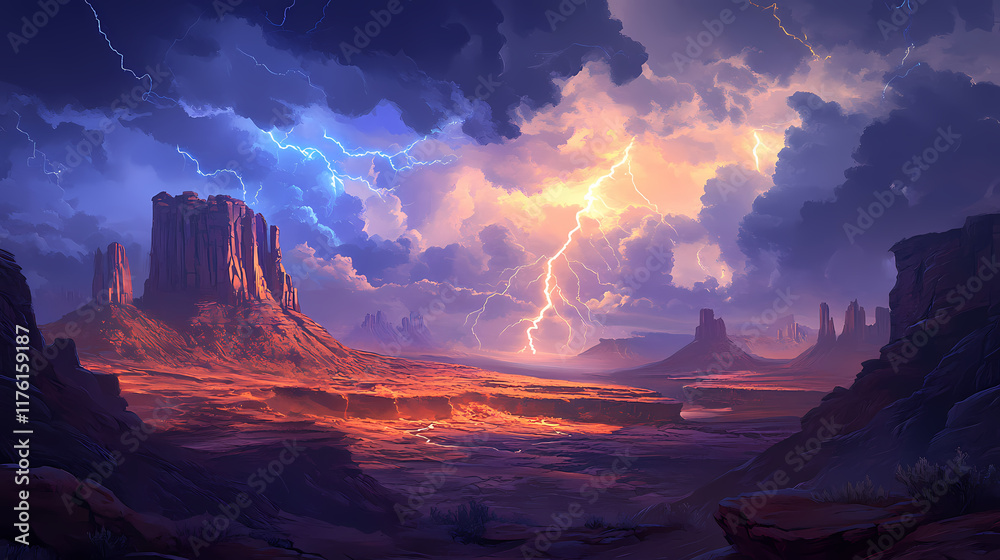Dramatic lightning illuminates a dark stormy sky over a rocky landscape, creating a breathtaking view of nature's fury and beauty. Thundersky. Illustration Dramatic lightning illuminates a dark stormy sky over a rocky landscape, creating a breathtaking view of nature's fury and beauty. Thundersky. Illustration