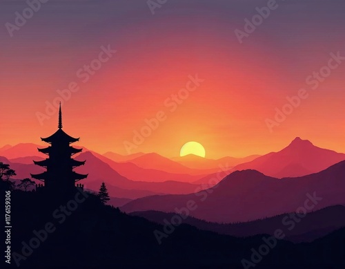 A silhouetted pagoda against the backdrop of a clear sunset sky with the mountains behind it