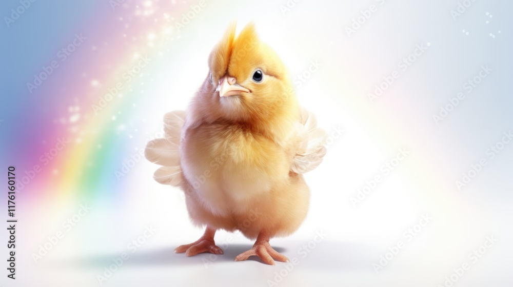 Vibrant chicken with colorful rainbow feathers on bright background Vibrant chicken with colorful rainbow feathers on bright background