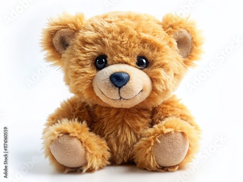 Adorable Fluffy Teddy Bear, Tilt-Shift Miniature Toy, Cute Plush Bear, White Background Stock Photo
