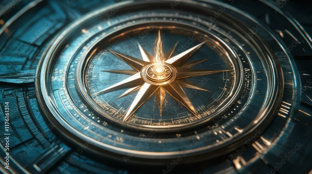 Fototapeta premium Intricate compass design with glowing center. Metallic teal and gold accents.