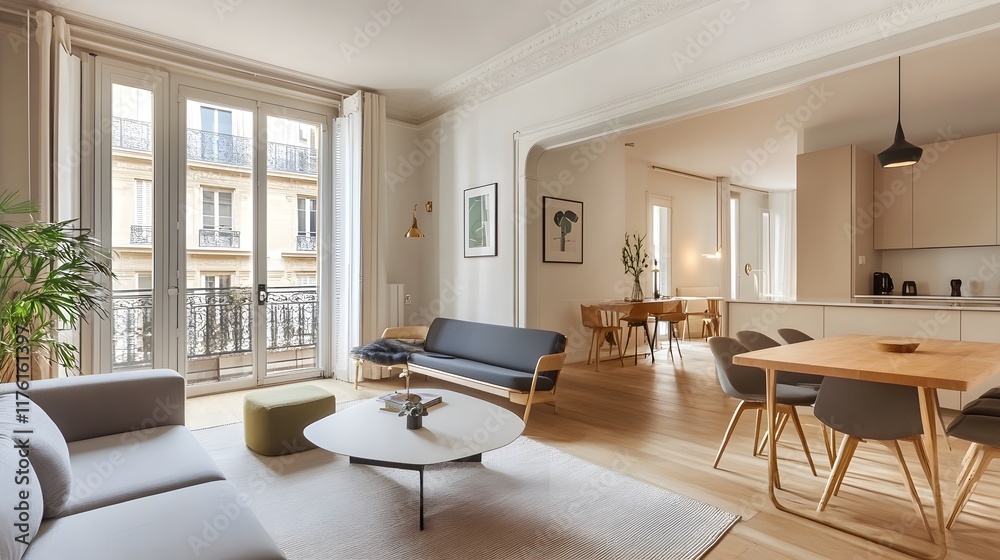 Fototapeta premium features a stylish apartment with a modern, open floor plan, decorated with neutral tones and geometric furniture, creating a sleek, minimalist look