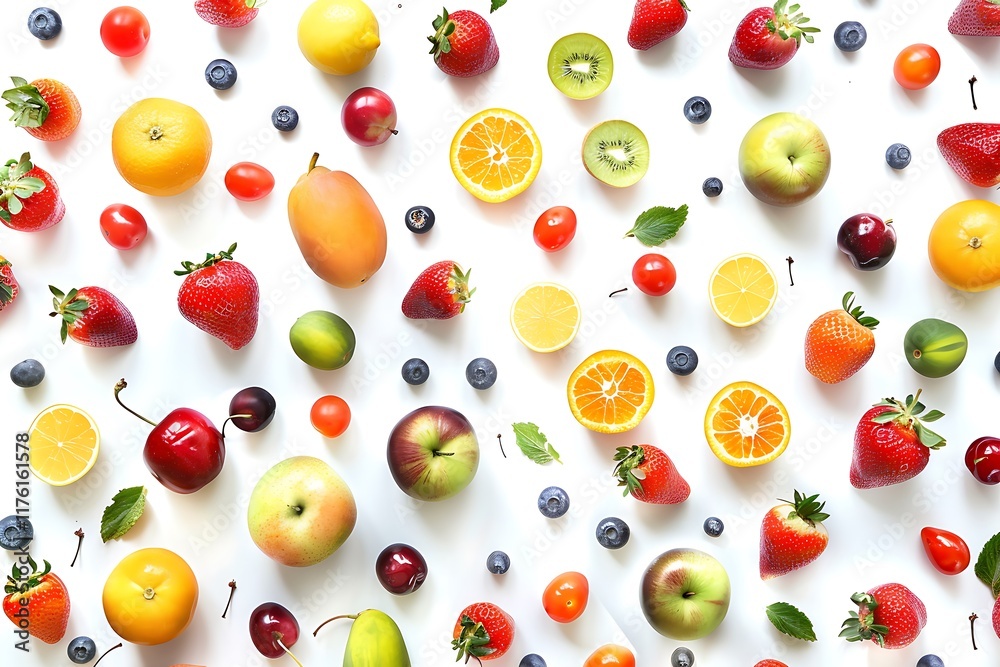 Fruits and berries pattern on white background. Flat lay, top view Fruits and berries pattern on white background. Flat lay, top view