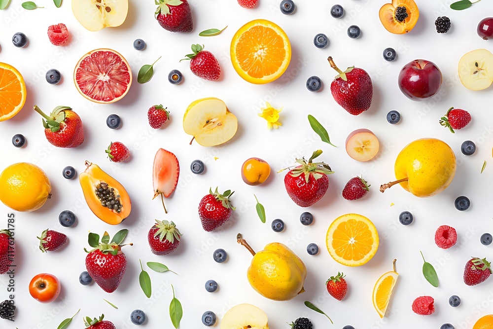Fruits and berries pattern on white background. Flat lay, top view Fruits and berries pattern on white background. Flat lay, top view