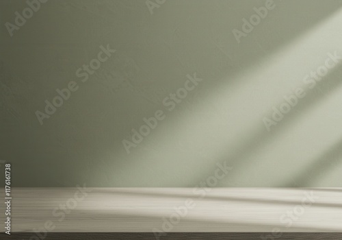 Wallpaper Mural Minimalistic wood table against soft green light wall in sunlight Torontodigital.ca