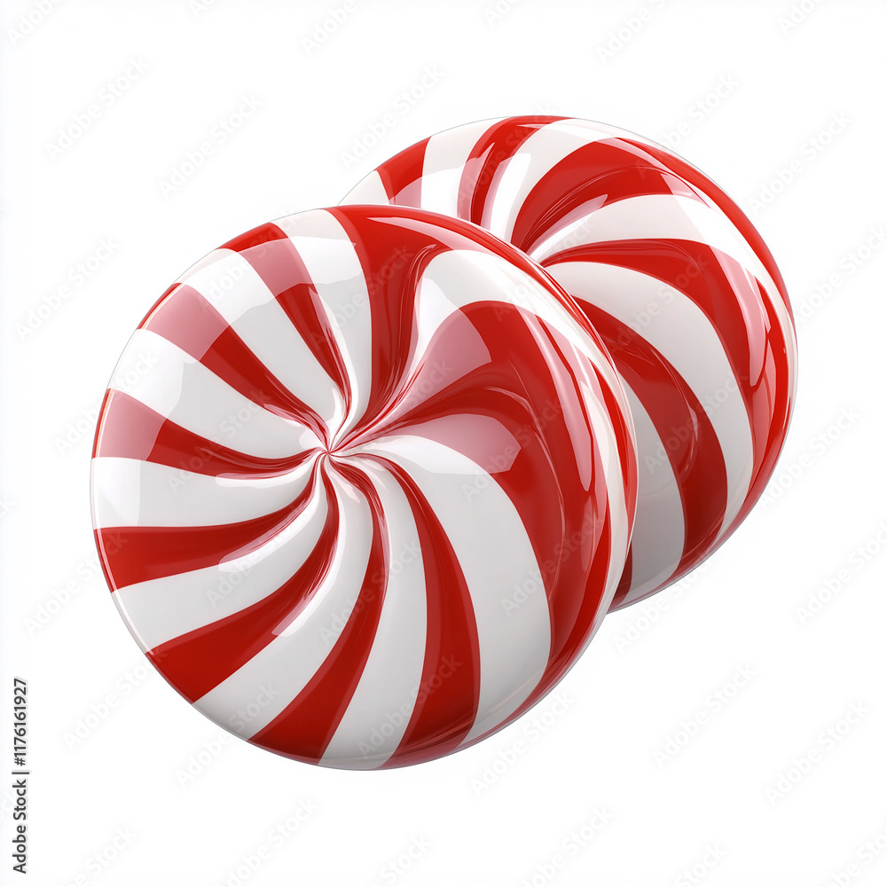 Two red and white peppermint candies rotating on white background Two red and white peppermint candies rotating on white background