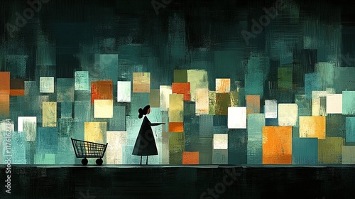 Woman with shopping cart facing colorful blocks, night scene.