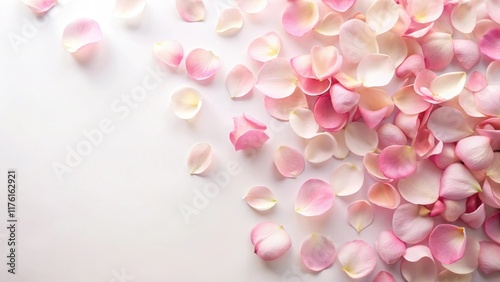 Delicate rose petals in a soft pink hue scattered on a white background, inviting the viewer's gaze, red rose petals