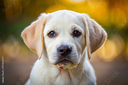 Adorable Labrador Puppy with Wormer Paste, Shallow Depth of Field,  White Blonde Fur photo