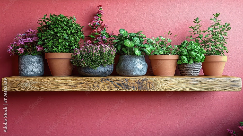 Fototapeta premium Wooden shelf with potted herbs and flowers against a red wall.