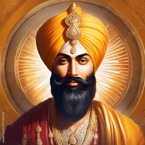 portrait of guru gobind singh ji with a radiant sunlight background, symbolizing wisdom and courage in sikhism photo