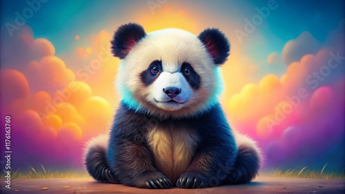 Adorable Panda Bear Posing on Pastel Background - Panoramic Stock Photo