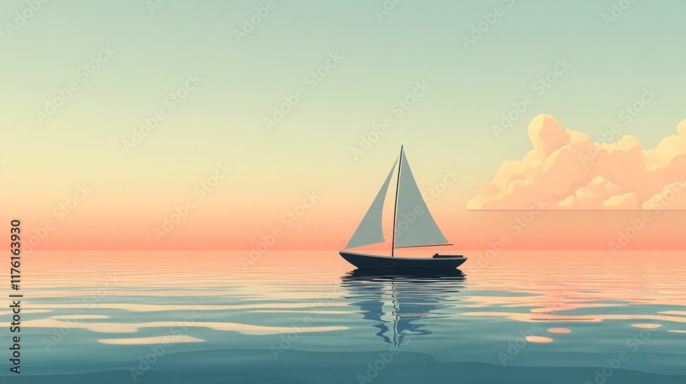 Fototapeta premium Sailboat at sunset, peaceful ocean scene. Tranquil, serene, and beautiful.