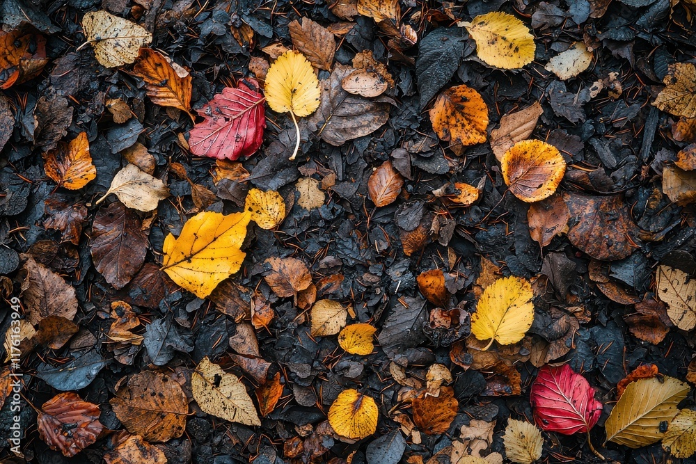 Biodiversity conservation concept. Colorful autumn leaves scattered on a dark ground surface. Biodiversity conservation concept. Colorful autumn leaves scattered on a dark ground surface.