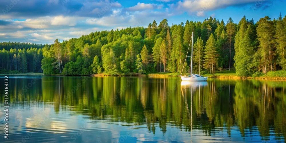 Fototapeta premium Summer holidays in Finland Lush green forest with a serene lake and a sailboat on the water , water, summer, water