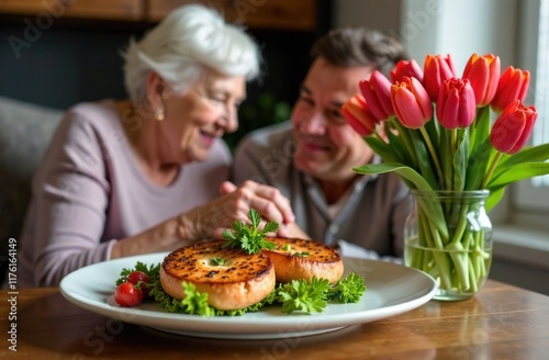 Romantic senior man congratulating happy wife on Valentines Day or March 8 at home, surprised elderly female receiving gift box with red bow and tulips bouquet from loving husband. Selective focus photo