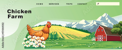 landing page with background A serene farm scene with a hen, barn, and snow-capped mountains
