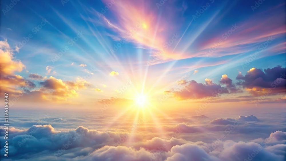 Fototapeta premium A serene landscape with a bright sun shining through soft, white clouds against a light blue sky filled with pastel hues of pink and yellow at sunrise, pastel colors, morning light