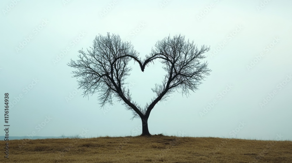 Obraz premium A leafless tree forms a heart shape against a pale sky. Nature's love.