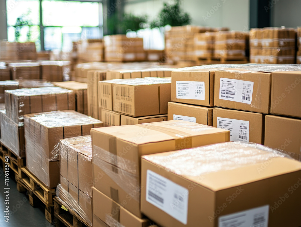 Warehouse filled with neatly stacked cardboard boxes, showcasing organized storage and efficient logistics in a busy distribution center during daylight hours Warehouse filled with neatly stacked cardboard boxes, showcasing organized storage and efficient logistics in a busy distribution center during daylight hours
