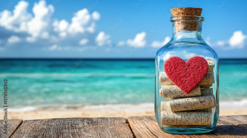 Obraz premium A glass bottle filled with rolledup love notes placed on a wooden table with space for text close up heartfelt theme whimsical overlay seaside backdrop