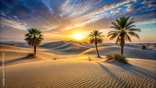 Sand Dunes at Sunrise with Palm Trees, landscape photography, dunes, landscape photography,dunes