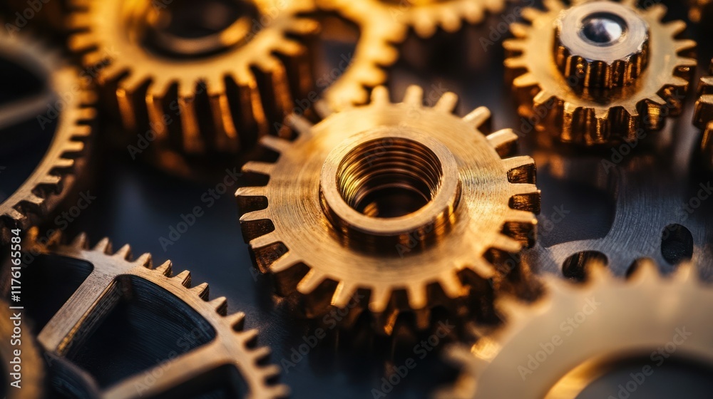 Close-up of intricate golden gears interlocked, showcasing mechanical precision and teamwork. Close-up of intricate golden gears interlocked, showcasing mechanical precision and teamwork.