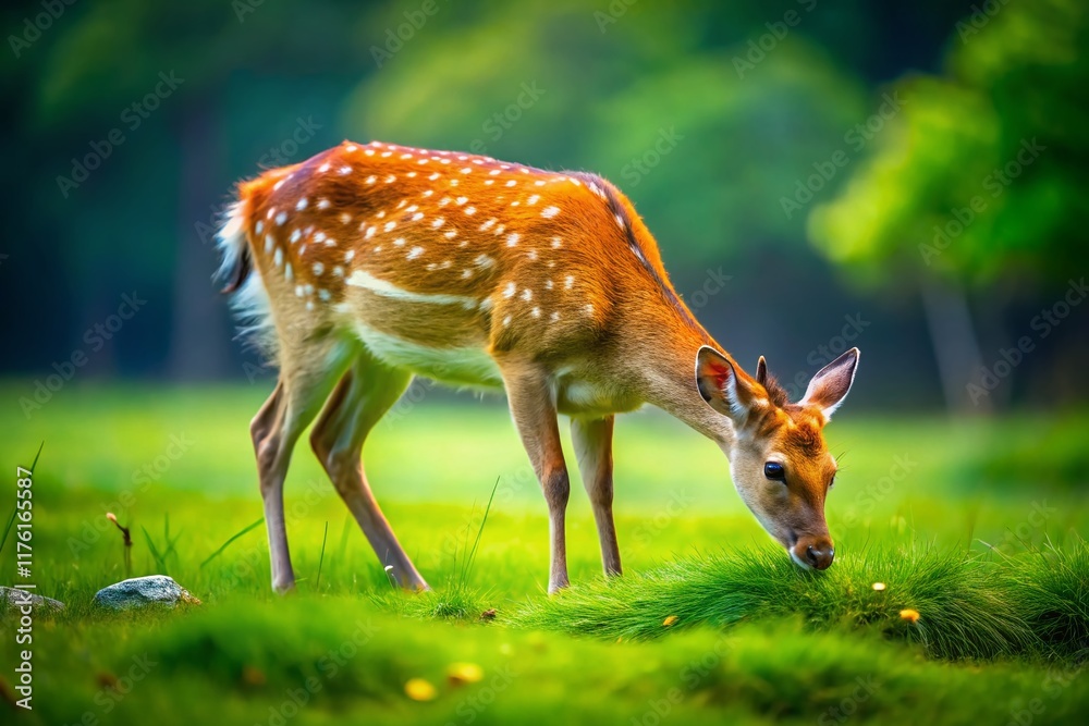 Adorable Sika Deer Grazing & Urinating in Miniature Tilt-Shift Landscape Adorable Sika Deer Grazing & Urinating in Miniature Tilt-Shift Landscape