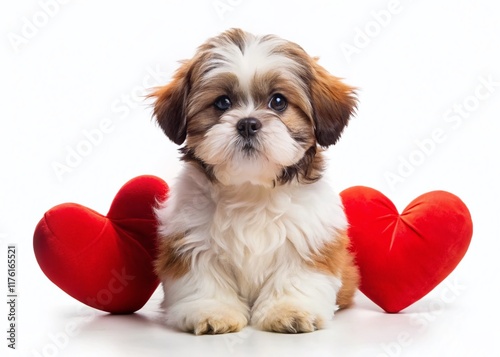 Adorable Shih Tzu Puppy Falling in Love on Valentine's Day - White Background