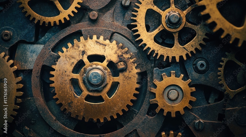 Close-up of intricate, rusty, golden gears interlocked in complex mechanism. Close-up of intricate, rusty, golden gears interlocked in complex mechanism.