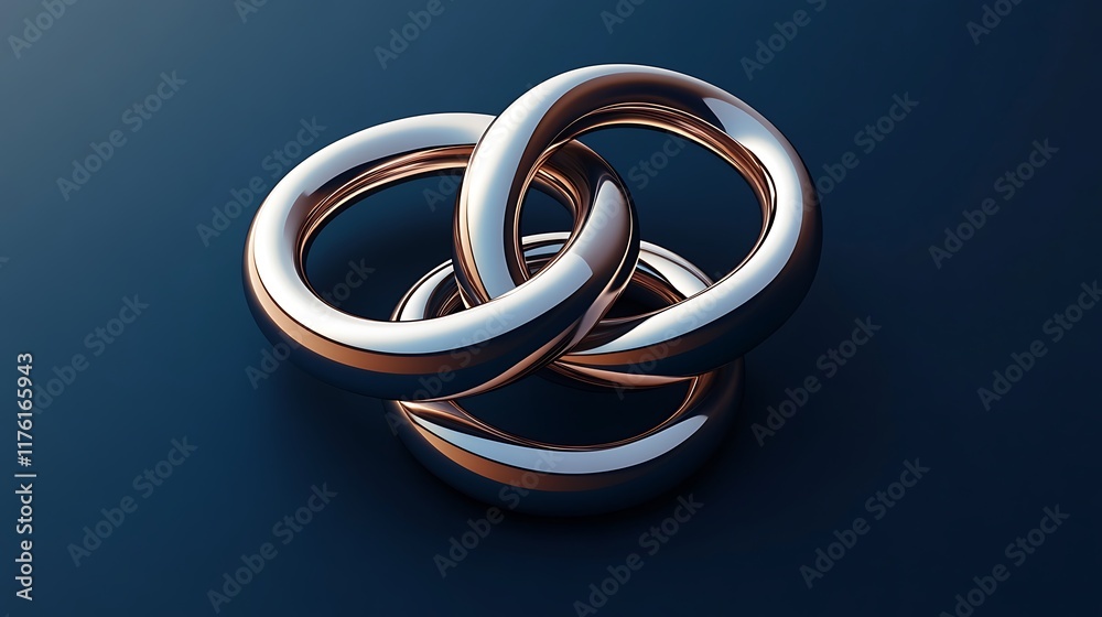 Fototapeta premium Geometric 3D interlocked rings with smooth surface details over a deep blue backdrop