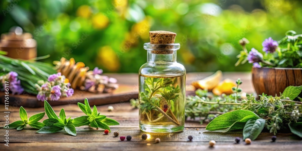 Aromatic blend of essential oils and herbs in a glass bottle with a cork stopper on a wooden table , botanicals, aromatherapy Aromatic blend of essential oils and herbs in a glass bottle with a cork stopper on a wooden table , botanicals, aromatherapy