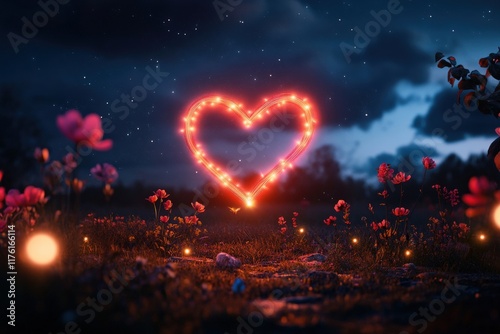 Glowing heart in night meadow with flowers and stars photo