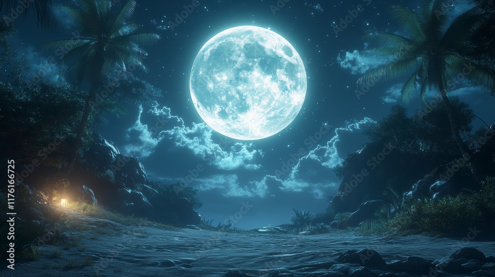 Tropical beach at night with a full moon, palm trees, and a dim light. Tropical beach at night with a full moon, palm trees, and a dim light.