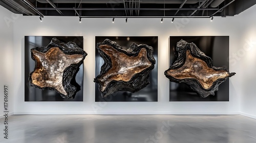 Contemporary Metal and Resin Wall Sculptures in Modern Gallery Setting AI Generated photo