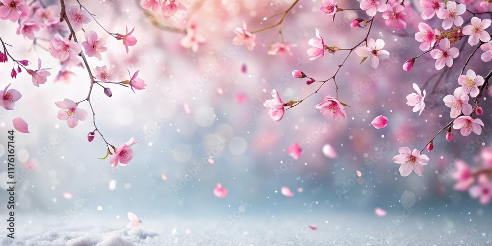 Fototapeta premium Soft pink sakura petals gently falling on a serene snowy background , snowflakes, pink sakura petals, snowflakes