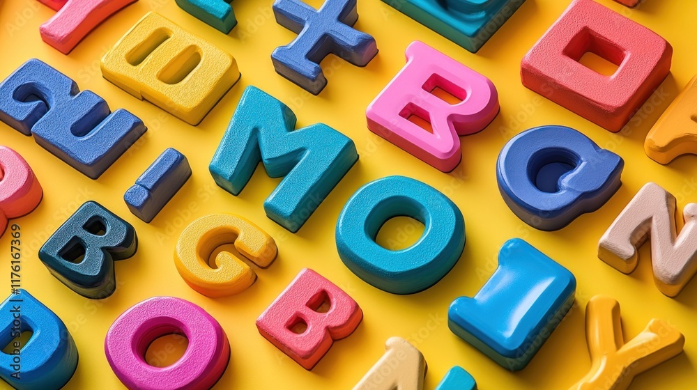 Fototapeta premium Colorful foam letters scattered on a bright yellow background, ideal for educational use.