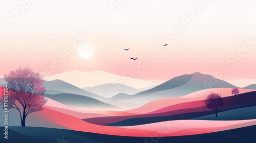 A Minimalist Sunrise Over Pink and Blue Mountains photo