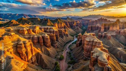 Aerial Cinematic View of Charyn Canyon, Kazakhstan: Majestic Mountain Range in Sharyn National Park photo