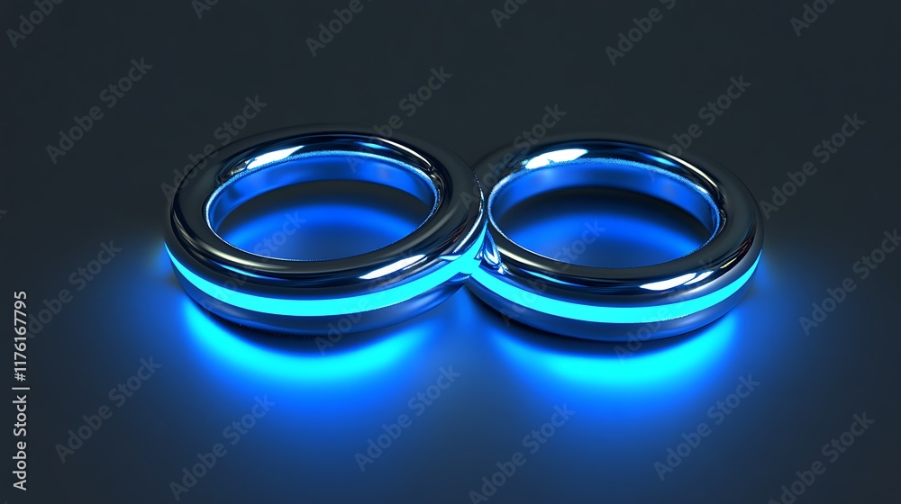 Smooth and reflective 3D interlocking rings with a cool blue light effect Smooth and reflective 3D interlocking rings with a cool blue light effect