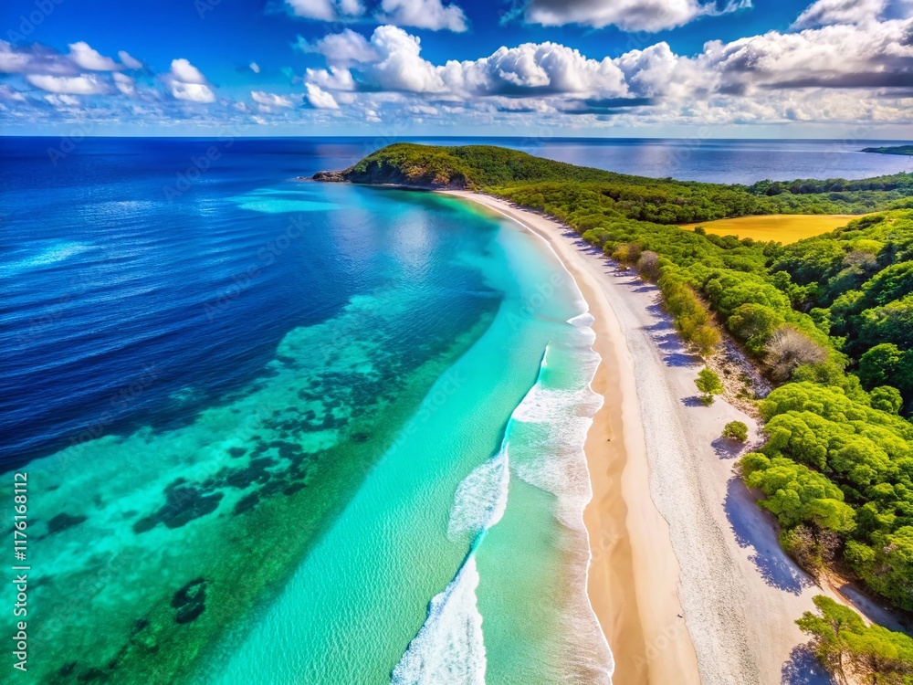 Fototapeta premium Aerial Drone Shot: Summer Beach, Turquoise Sea, Sunny Day