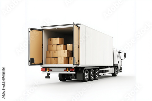 A rear view of a white cargo truck with the back door open, revealing the interior filled with brown parcel boxes. Delivery, transportation, and logistics concepts.