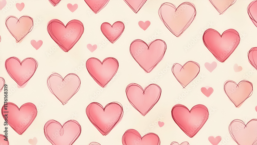 Hand drawn hearts in pale pink scattered across a soft cream background, delicate and imperfect lines giving a whimsical feel, a pattern with overlapping hearts varying in size Hand drawn hearts in pale pink scattered across a soft cream background, delicate and imperfect lines giving a whimsical feel, a pattern with overlapping hearts varying in size