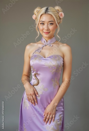 Young beautiful Asian woman wearing a lavender Chinese traditional dress photo