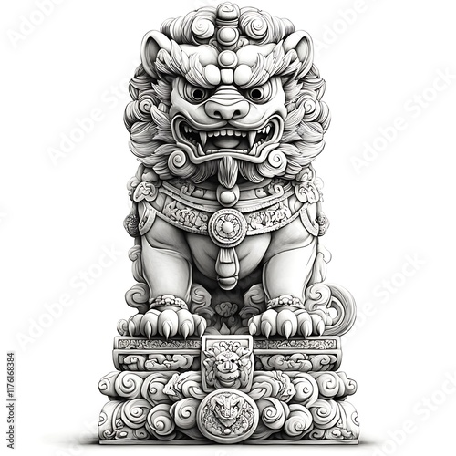 Intricate Stone Sculpture of a Chinese Guardian Lion, Komainu, on a Cloud-Shaped Pedestal. photo