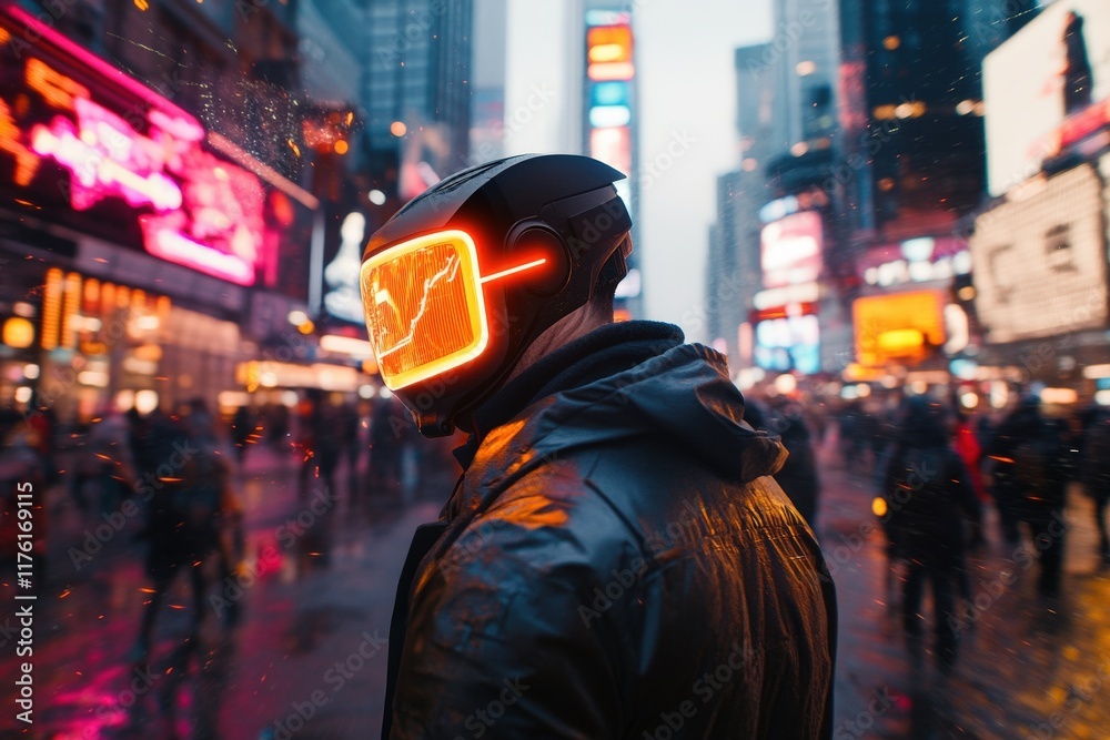 Futuristic urban scene with neon-visored figure in busy city Futuristic urban scene with neon-visored figure in busy city